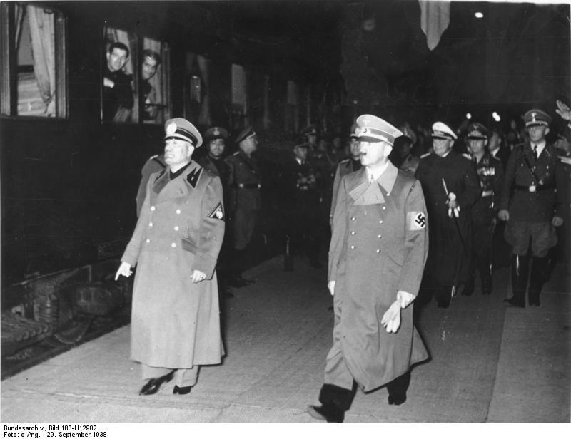 Adolf Hitler and Benito Mussolini in Munich's station as the Duce leaves Germany following the Munich conference